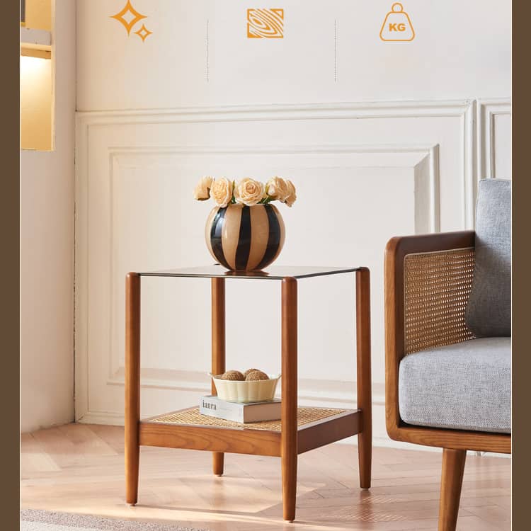 【高級ラタン&アッシュ材】おしゃれセンターテーブル|強化ガラス天板付き tzm-532