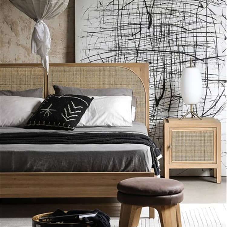 【ラタン&アッシュ材ナイトテーブル】レトロデザインのベッドサイドテーブル tzm-538