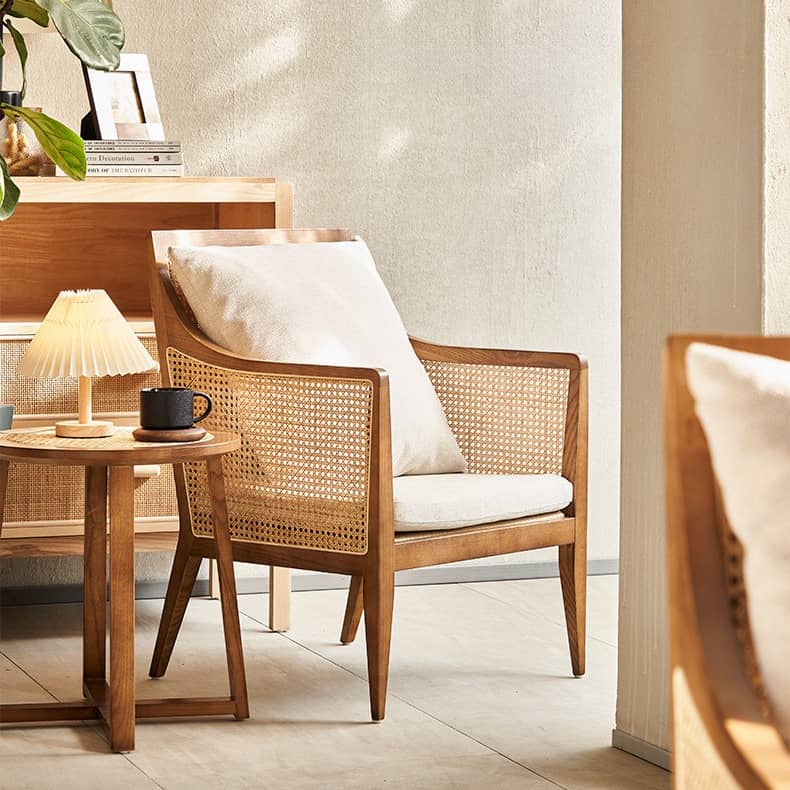 高級ラタンとアッシュ材使用!北欧風デザインチェア 綿麻クッション付き tzm-541