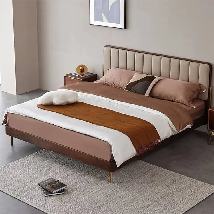 ウォールナット無垢材すのこベッド クッション付きベッドフレーム キング?ワイドダブル対応 木製ブラウンysys-i8019 -bed