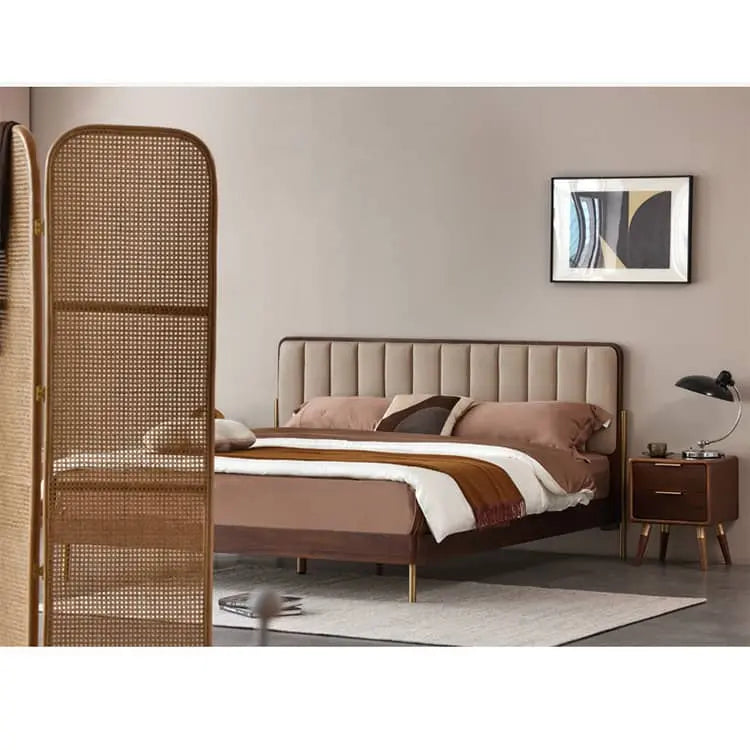 ウォールナット無垢材すのこベッド クッション付きベッドフレーム キング?ワイドダブル対応 木製ブラウンysys-i8019 -bed