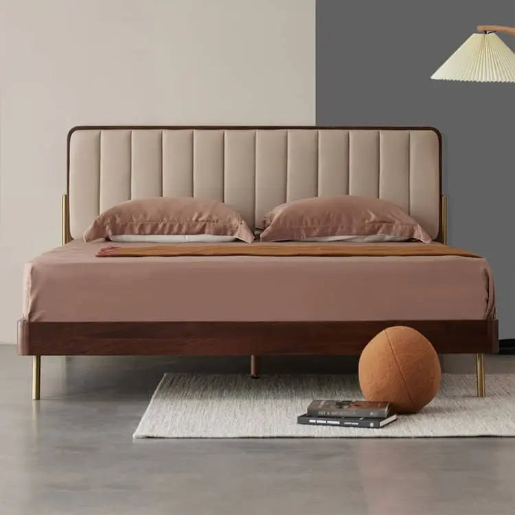 ウォールナット無垢材すのこベッド クッション付きベッドフレーム キング?ワイドダブル対応 木製ブラウンysys-i8019 -bed