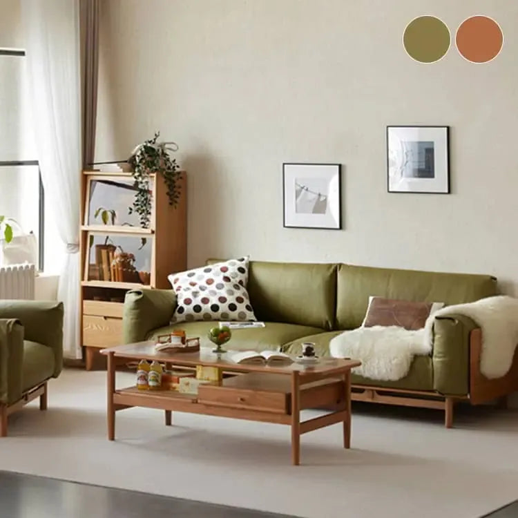 ソファー グリーン ブラウン チェリー材 エアレザー フェザー パイン ysys-s1057-sofa