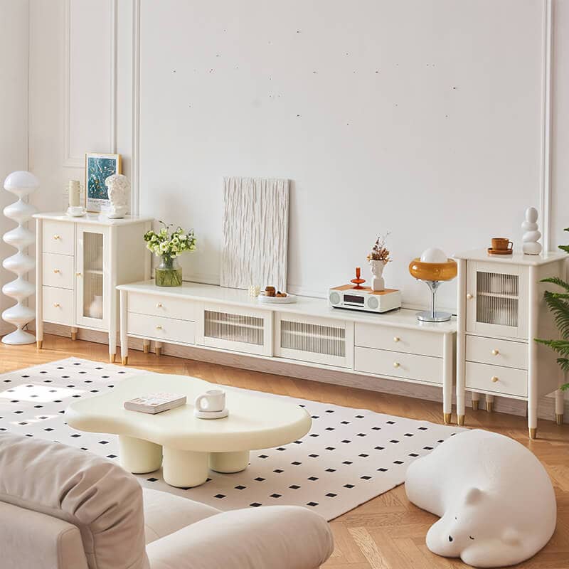 クリーム色ハイレッグテレビ台 抽屉収納+ガラス扉付き リビング用おしゃれインテリアボード yw-189