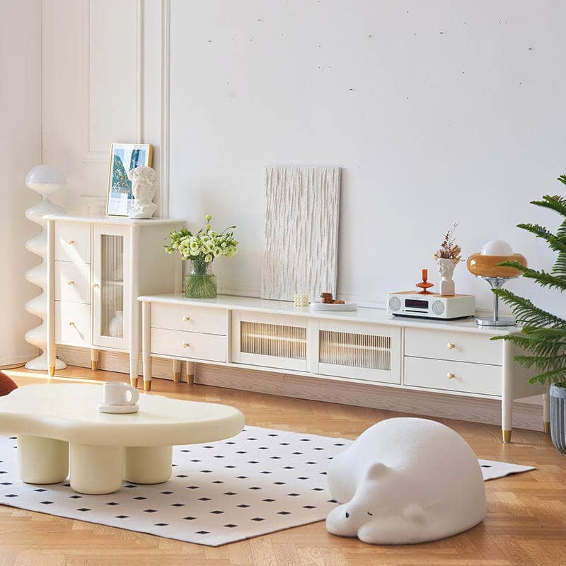 クリーム色ハイレッグテレビ台 抽屉収納+ガラス扉付き リビング用おしゃれインテリアボード yw-189