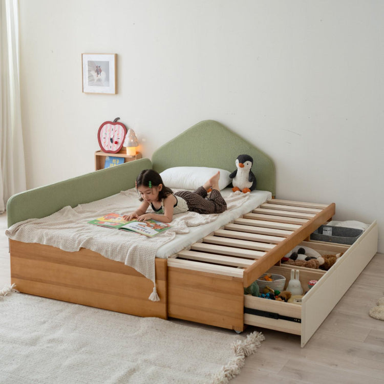 伸縮式キッズベッド 天然木無垢材 幅調整可能 収納引き出し付き tsh-112-17