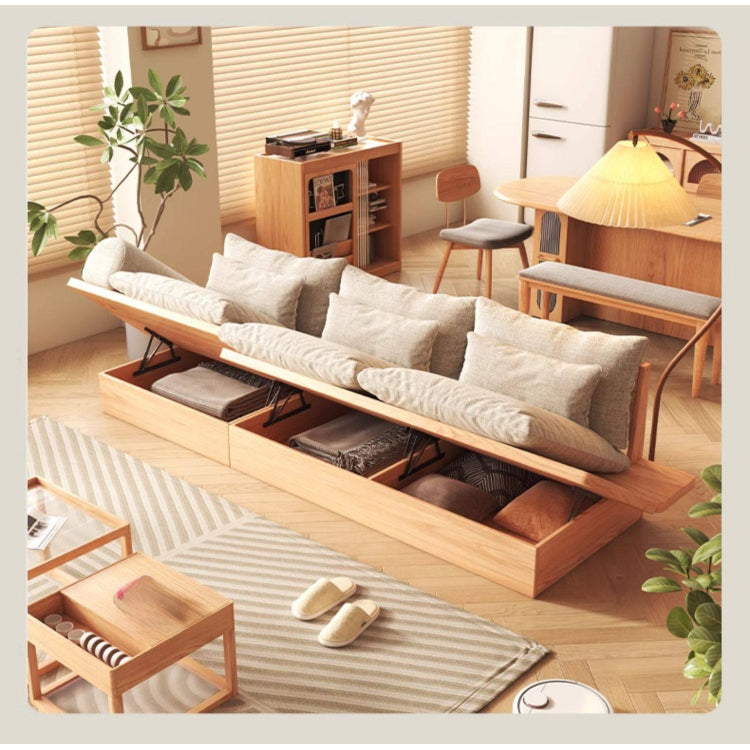実木フレーム 布張り ローソファ 収納付き 175cm 北欧風 ナチュラル リビングソファ 床置きタイプ hns-1171