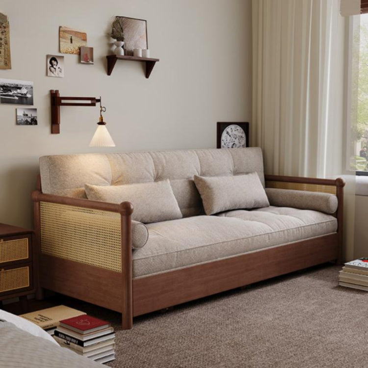 実木 ソファベッド 折りたたみ一体型 2WAY 伸縮式 リビング・書斎対応 引き出し式 ラタン編み デザイン smj-1229-9