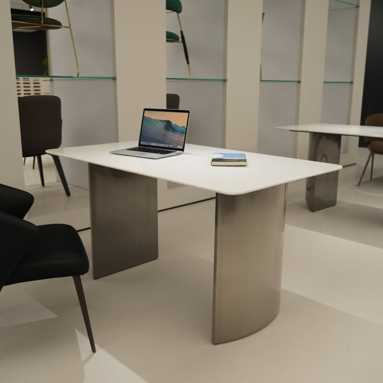 デザイナーズ 大理石ダイニングテーブル ピュアホワイト×シルバー 天然石天板 高級ミニマルモダン jrjj-6385