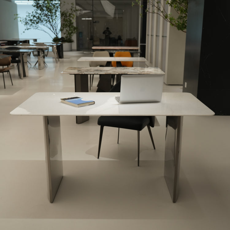 デザイナーズ 大理石ダイニングテーブル ピュアホワイト×シルバー 天然石天板 高級ミニマルモダン jrjj-6385
