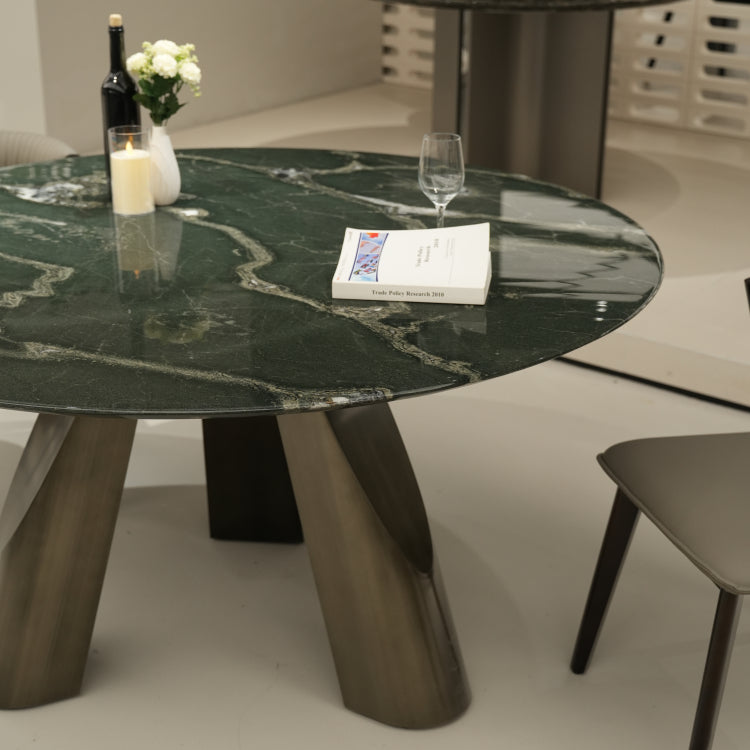 デザイナーズ 大理石ダイニングテーブル グリーン×シルバーアート 高級ラグジュアリーモダン jrjj-6772