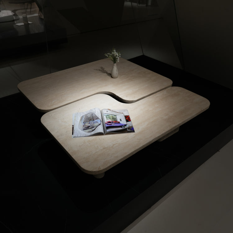 デザイナーズ トラバーチン ローテーブル ナチュラルベージュ センターテーブル 天然石モダン 組み合わせリビングテーブル120cm×90cm jrjj-8573