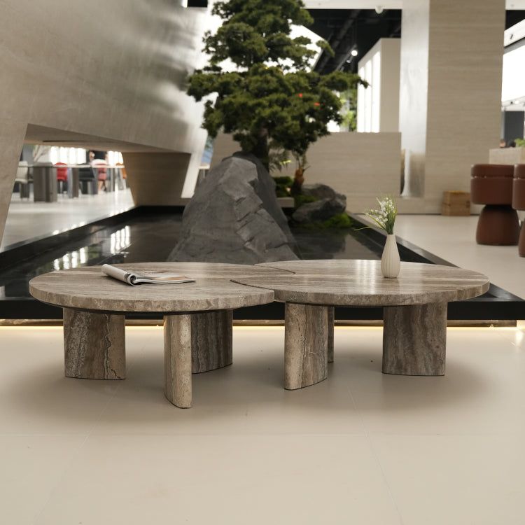デザイナーズ トラバーチン ローテーブル センターテーブル 天然石グレージュモダン 組み合わせリビングテーブル ラグジュアリーデザイン90cm jrjj-8575