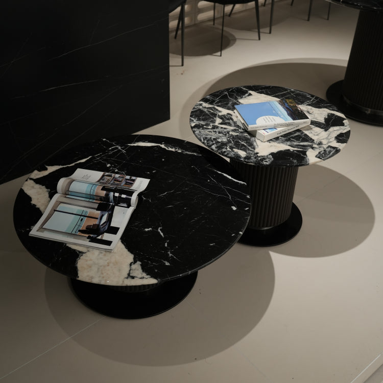 デザイナーズ 大理石ローテーブル 天然石ブラック＆ホワイトモダン 丸テーブルセット ラグジュアリーインテリア80cm 60cm jrjj-8689
