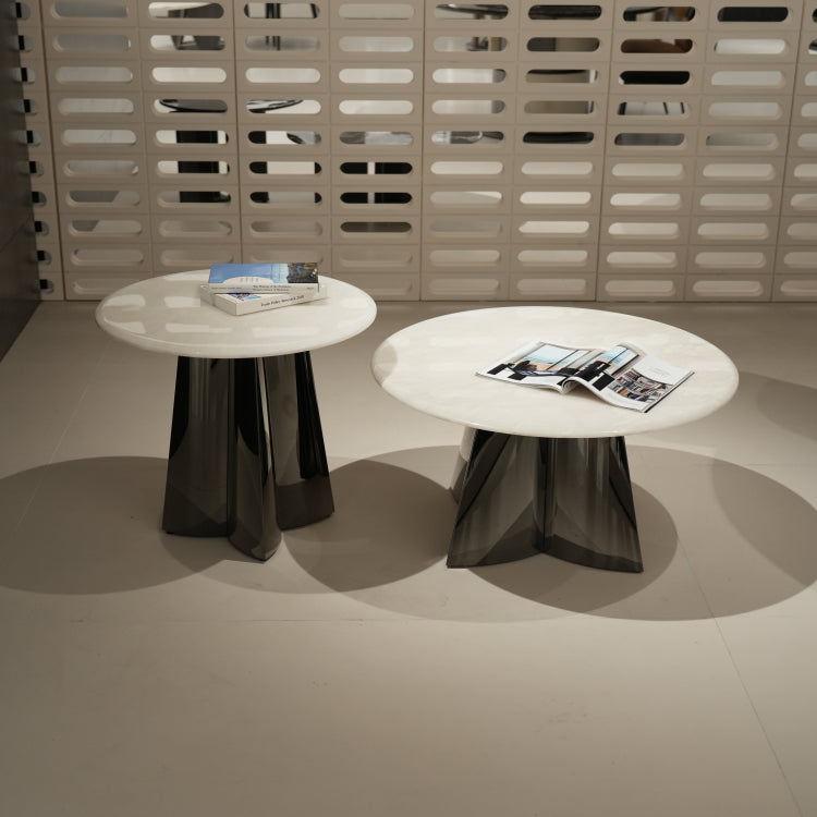 デザイナーズ 大理石ローテーブル センターテーブル ホワイトストーン天板 鏡面ステンレス脚 高級モダンインテリア42cm 30cm jrjj-8221