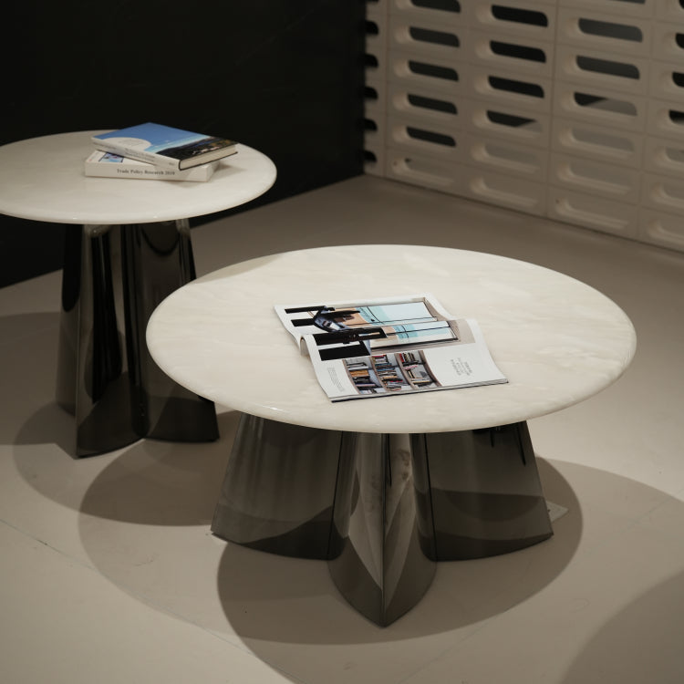 デザイナーズ 大理石ローテーブル センターテーブル ホワイトストーン天板 鏡面ステンレス脚 高級モダンインテリア42cm 30cm jrjj-8221