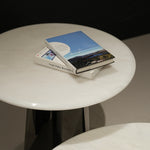 デザイナーズ 大理石ローテーブル センターテーブル ホワイトストーン天板 鏡面ステンレス脚 高級モダンインテリア42cm 30cm jrjj-8221