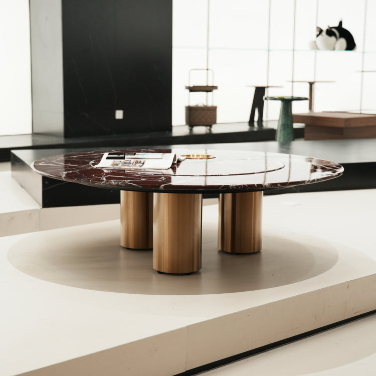 デザイナーズ 大理石センターテーブル 深紅マーブル×金属脚 ラグジュアリーモダン 丸ローテーブル120cm jrjj-8617