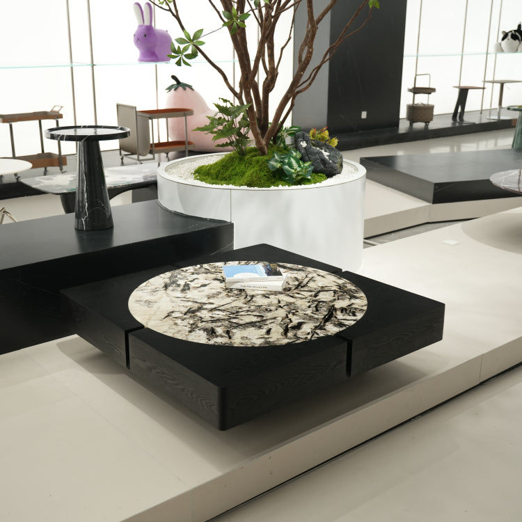 デザイナーズ 大理石ローテーブル ブラックウッド×ホワイトストーン 高級モダンセンターテーブル110cm jrjj-8576