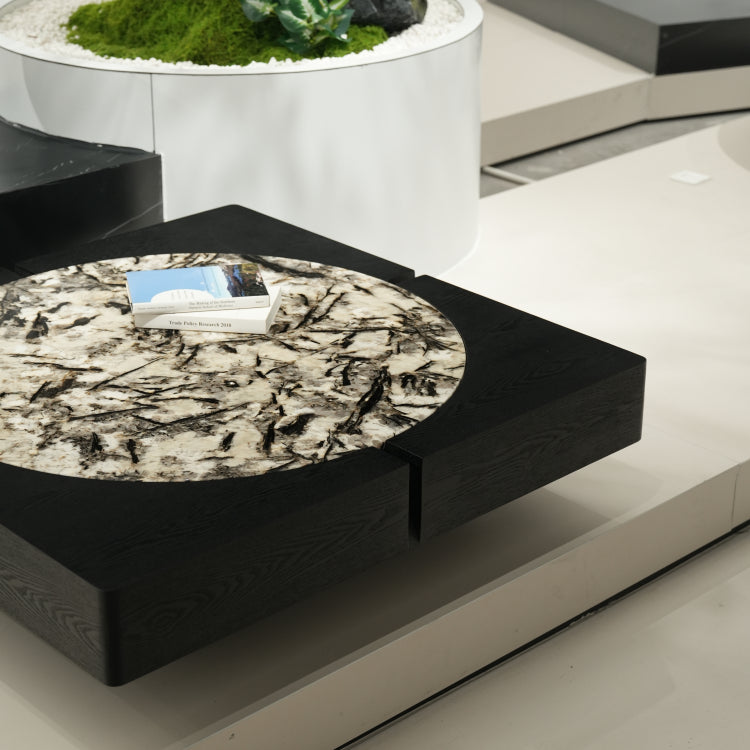 デザイナーズ 大理石ローテーブル ブラックウッド×ホワイトストーン 高級モダンセンターテーブル110cm jrjj-8576