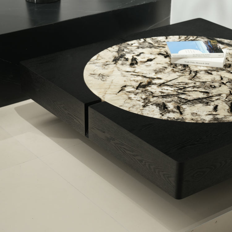 デザイナーズ 大理石ローテーブル ブラックウッド×ホワイトストーン 高級モダンセンターテーブル110cm jrjj-8576