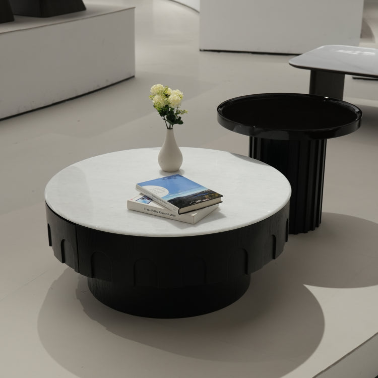 デザイナーズ 大理石ローテーブル モダンラグジュアリー ホワイトストーン×ブラックウッド 円形センターテーブル80cm 55cm jrjj-8683