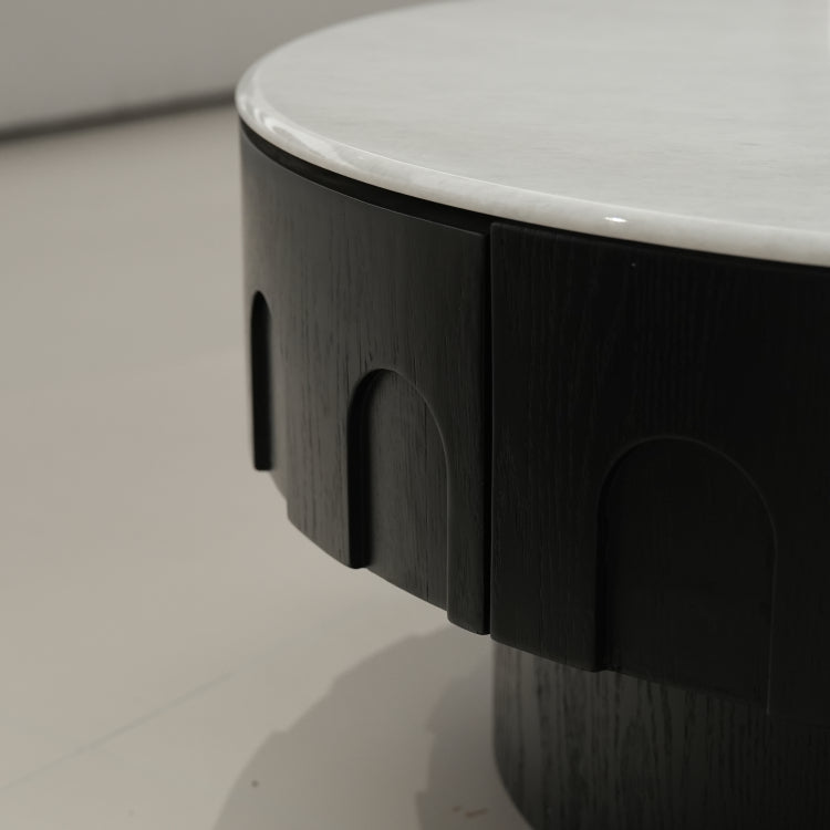 デザイナーズ 大理石ローテーブル モダンラグジュアリー ホワイトストーン×ブラックウッド 円形センターテーブル80cm 55cm jrjj-8683