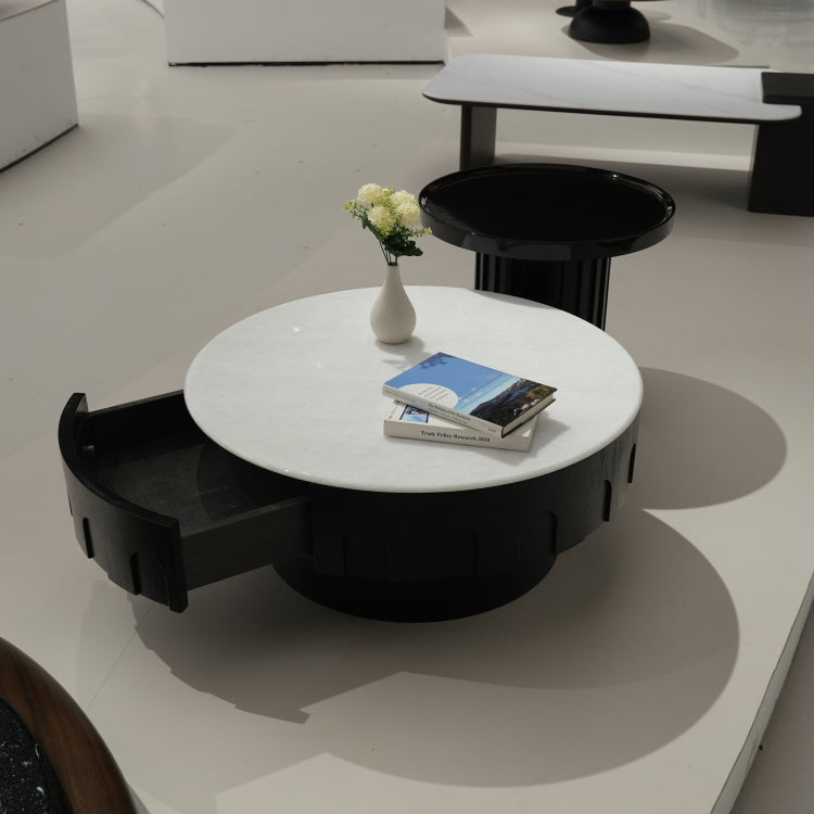 デザイナーズ 大理石ローテーブル モダンラグジュアリー ホワイトストーン×ブラックウッド 円形センターテーブル80cm 55cm jrjj-8683