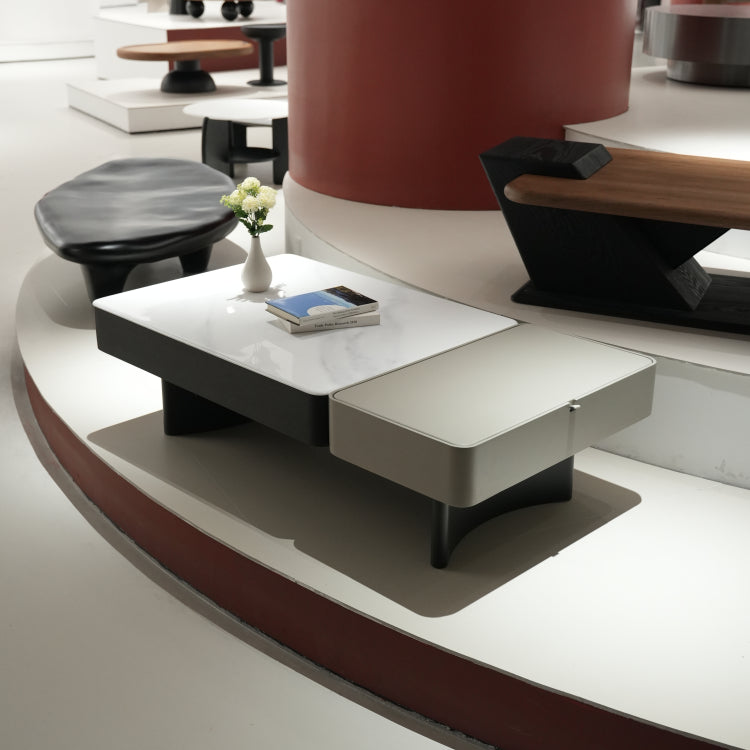 デザイナーズ 収納ローテーブル 微結晶ガラス天板 センターテーブル モダンラグジュアリー ホワイト×グレーカラー 130cm×70cm jrjj-8518