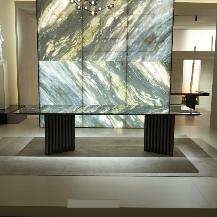 ラグジュアリー 天然大理石ダイニングテーブル ブルージェイド調天板 高級モダンインテリア リビング?ダイニング兼用 260cm×100cm jrjj-6634