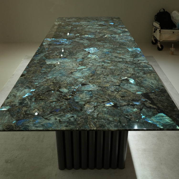 ラグジュアリー 天然大理石ダイニングテーブル ブルージェイド調天板 高級モダンインテリア リビング?ダイニング兼用 260cm×100cm jrjj-6634