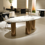 ラグジュアリー 天然大理石ダイニングテーブル アイスグレーブルー調天板 高級オーバルデザイン ゴールド脚 モダンインテリア220cm 240cm jrjj-696-kiseki