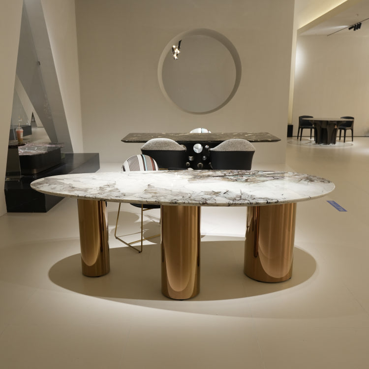 ラグジュアリー 天然大理石ダイニングテーブル アイスグレーブルー調天板 高級オーバルデザイン ゴールド脚 モダンインテリア220cm 240cm jrjj-696-kiseki