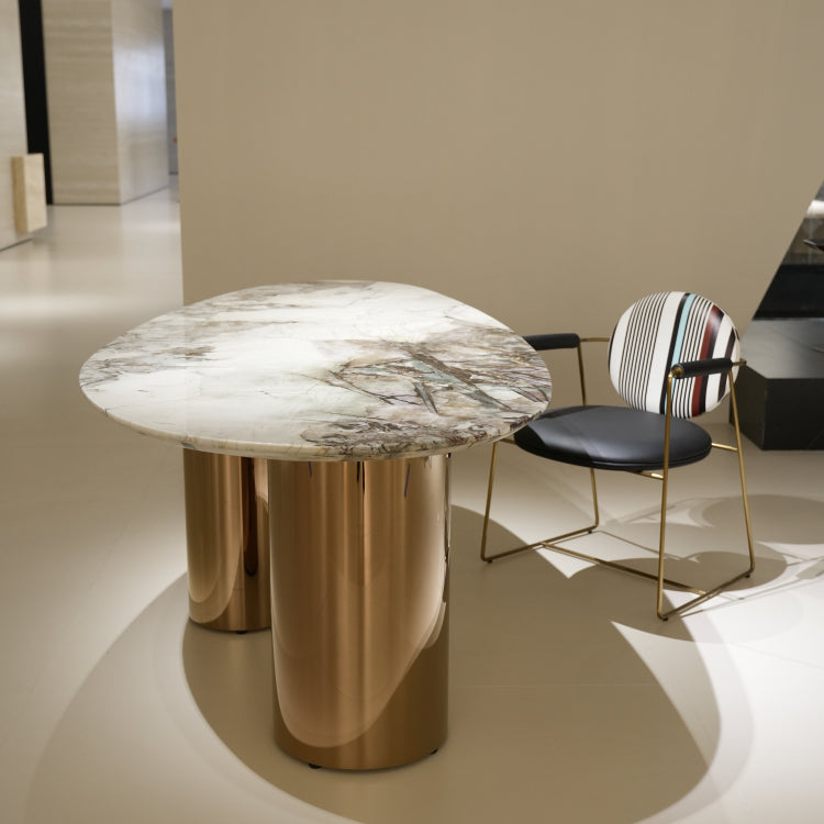 ラグジュアリー 天然大理石ダイニングテーブル アイスグレーブルー調天板 高級オーバルデザイン ゴールド脚 モダンインテリア220cm 240cm jrjj-696-kiseki