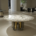 ラグジュアリー 天然大理石ダイニングテーブル ブルー調天板 円形ホワイトマーブル 高級モダンインテリアデザイン180cm jrjj-6623