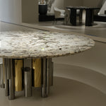 ラグジュアリー 天然大理石ダイニングテーブル ブルー調天板 円形ホワイトマーブル 高級モダンインテリアデザイン180cm jrjj-6623