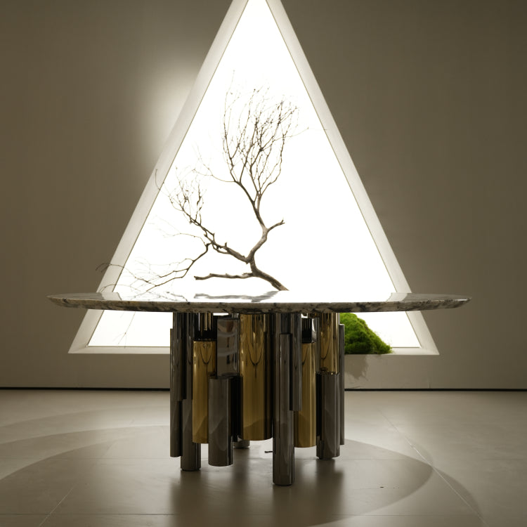 ラグジュアリー 天然大理石ダイニングテーブル ブルー調天板 円形ホワイトマーブル 高級モダンインテリアデザイン180cm jrjj-6623