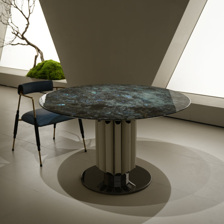ラグジュアリー 天然大理石ダイニングテーブル ブルーグリーン調天板 円形モダンデザイン 高級インテリアダイニング130cm jrjj-6627
