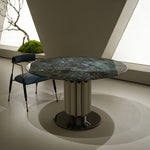 ラグジュアリー 天然大理石ダイニングテーブル ブルーグリーン調天板 円形モダンデザイン 高級インテリアダイニング130cm jrjj-6627