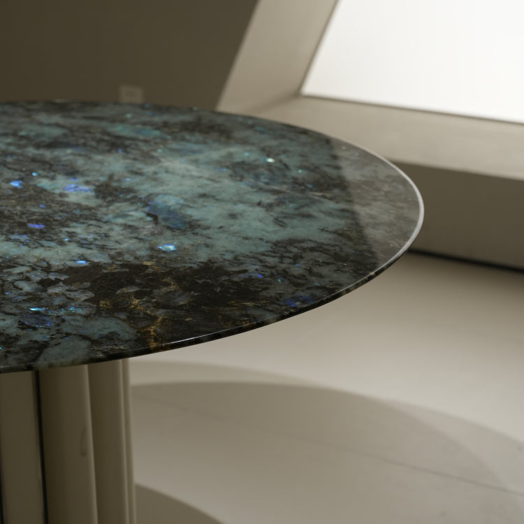ラグジュアリー 天然大理石ダイニングテーブル ブルーグリーン調天板 円形モダンデザイン 高級インテリアダイニング130cm jrjj-6627