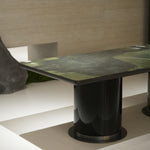 ラグジュアリー天然大理石ダイニングテーブル　アボカドグリーン調の丸縁厚天板が映える高級デザイナーズモダン240cm 180cm jrjj-6805