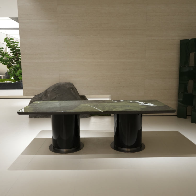 ラグジュアリー天然大理石ダイニングテーブル　アボカドグリーン調の丸縁厚天板が映える高級デザイナーズモダン240cm 180cm jrjj-6805