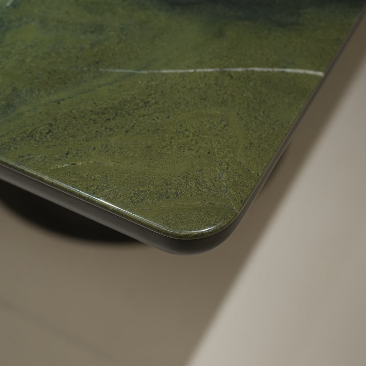 ラグジュアリー天然大理石ダイニングテーブル　アボカドグリーン調の丸縁厚天板が映える高級デザイナーズモダン240cm 180cm jrjj-6805