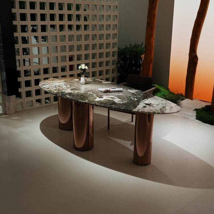 ラグジュアリー 天然大理石ダイニングテーブル アイスグレーブルー調天板 高級オーバルデザイン ゴールド脚 モダンインテリア220cm 240cm jrjj-696-kiseki