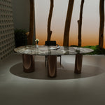 ラグジュアリー 天然大理石ダイニングテーブル アイスグレーブルー調天板 高級オーバルデザイン ゴールド脚 モダンインテリア220cm 240cm jrjj-696-kiseki