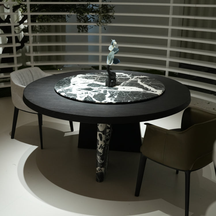 デザイナーズ 高級大理石円卓 ダイニングテーブル 宝格麗ブラック調 スモークウッド天板 ナチュラルモダンインテリア 240cm jrjj-6781
