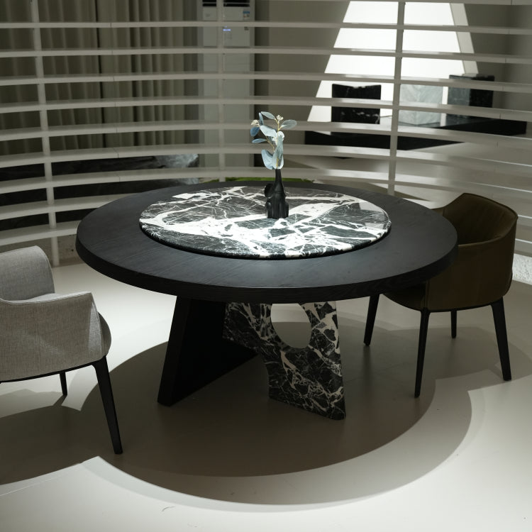 デザイナーズ 高級大理石円卓 ダイニングテーブル 宝格麗ブラック調 スモークウッド天板 ナチュラルモダンインテリア 240cm jrjj-6781