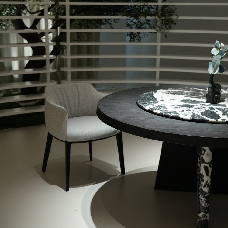デザイナーズ 高級大理石円卓 ダイニングテーブル 宝格麗ブラック調 スモークウッド天板 ナチュラルモダンインテリア 240cm jrjj-6781