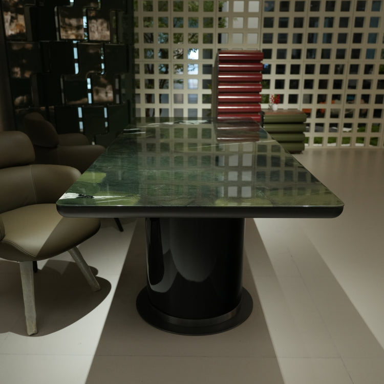 ラグジュアリー天然大理石ダイニングテーブル　アボカドグリーン調の丸縁厚天板が映える高級デザイナーズモダン240cm 180cm jrjj-6805