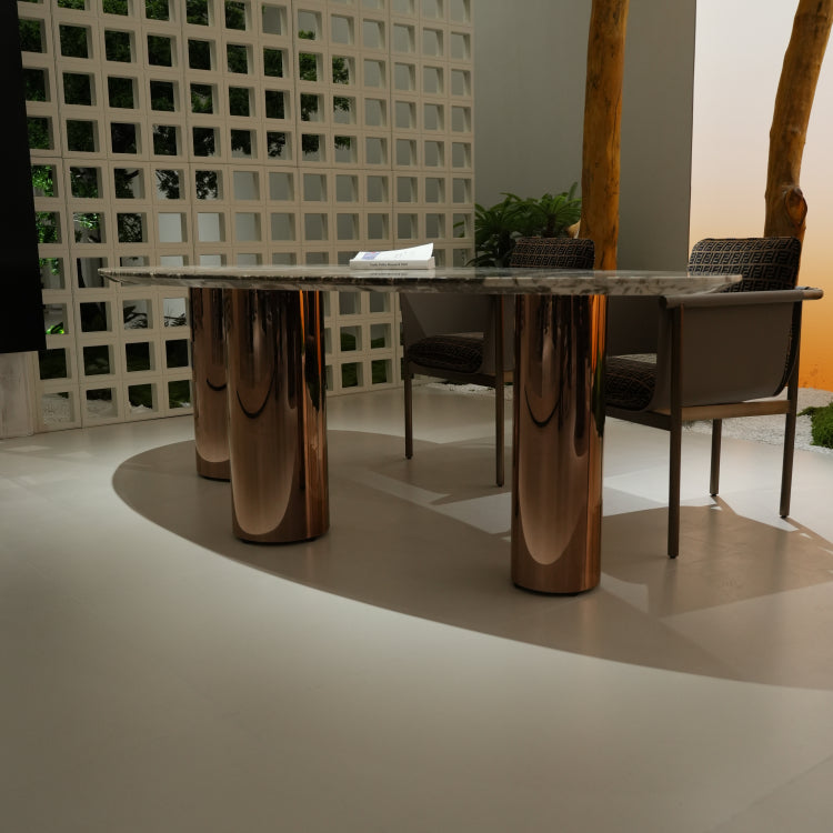 ラグジュアリー 天然大理石ダイニングテーブル アイスグレーブルー調天板 高級オーバルデザイン ゴールド脚 モダンインテリア220cm 240cm jrjj-696-kiseki